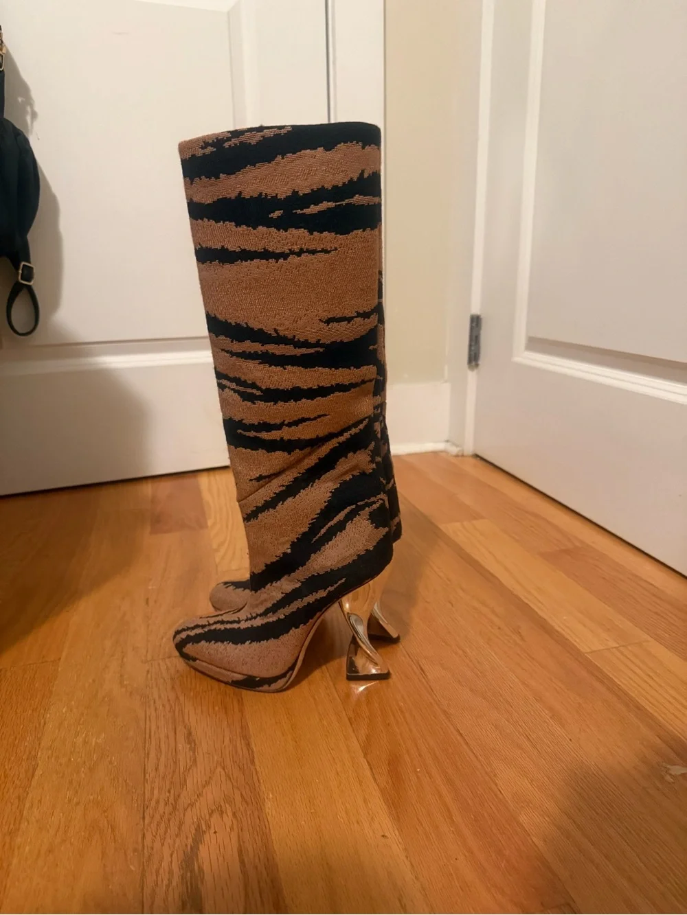 Brandon Maxwell Jacquard Brown and Black Tiger-Stripe Over-the-Knee Boots